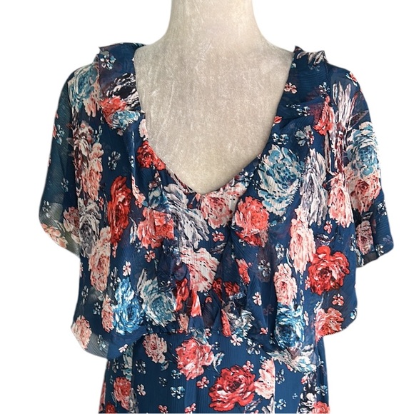 Sundance Silk Crinkly Chiffon Navy Blue Floral Print Ruffle Midi Dress - 14 - Picture 2 of 10